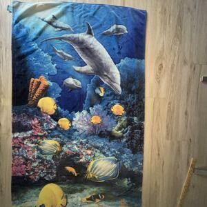 VTG Ocean Fish Whales Beach Towel Striped Back Cotton Tropical Nautical Plush